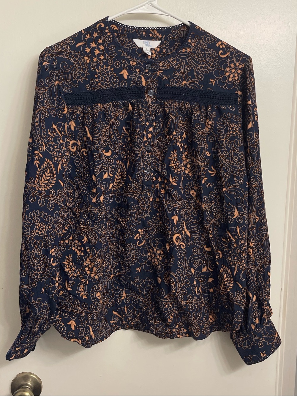 Time and Tru Navy and Copper Paisley Peasant Blouse - Women's Top